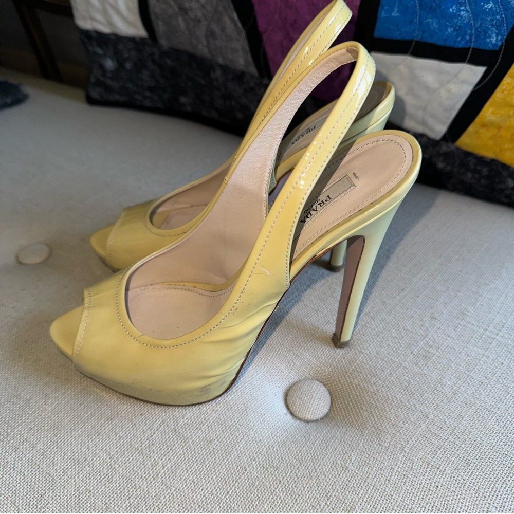 Prada Heels Patent Leather Slingback Open Toe Shoes Sandals 7.5 Yellow